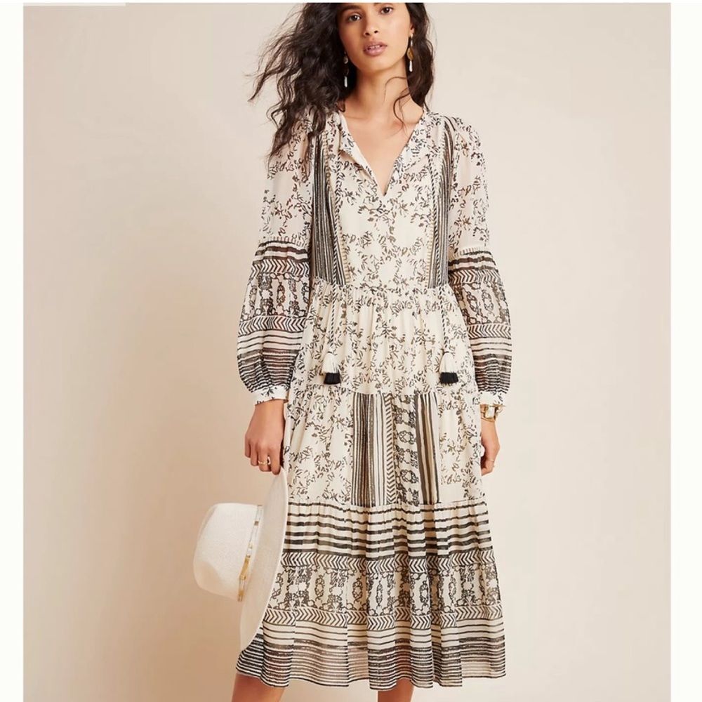 Anthropologie Talulah Tiered Black Cream Patterned Midi Dress Size XS Petite